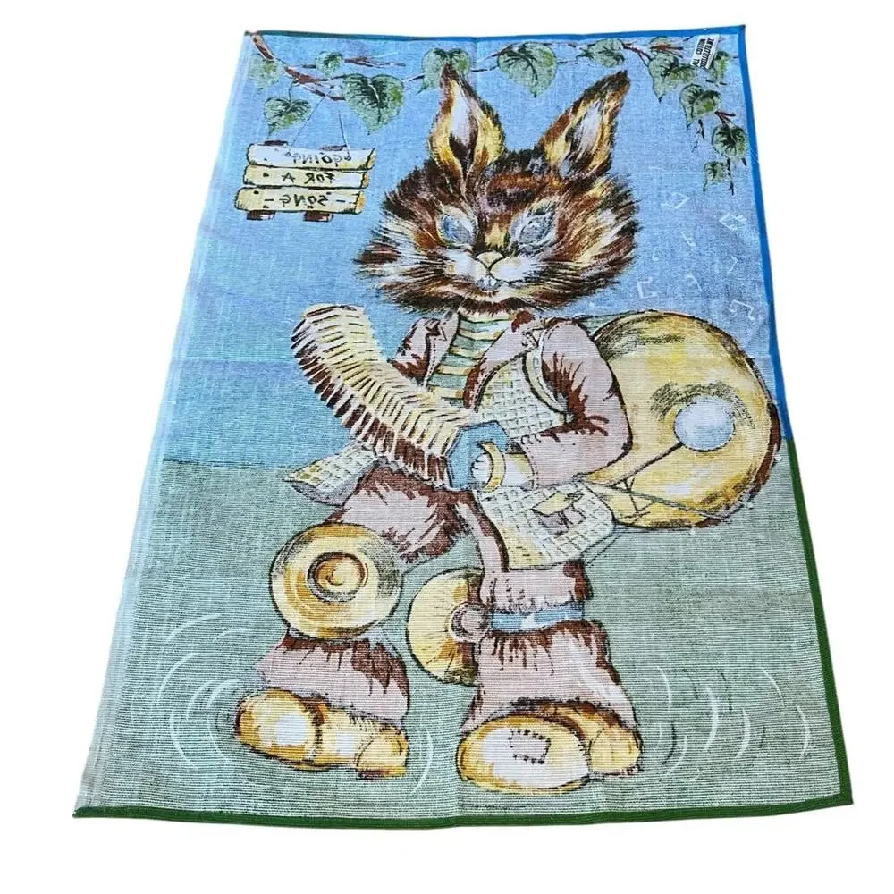 VTG Trevor Raynor Tea Towel Rabbit One Man Band Unused Brazil 1970s 17.5 X 26.5”